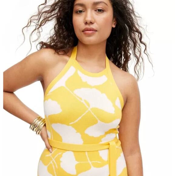 Diane Von Furstenberg DVF Target Yellow Gingko Halter Tie Knit Midi Dress S - Picture 3 of 10